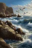 Placeholder: Generate an image of a serene coastal scene with a group of seabirds resting on rocky cliffs overlooking the ocean. Capture the birds in various states, some in flight, some perched, and others gliding above the waves. Highlight the rugged coastal landscape and the interplay of light and shadow.