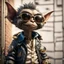 Placeholder: pen outline, cool pimp gremlin leaning against a wall, wearing flip down sun glasses, in the style of a fallout 4,bokeh like f/0.8, tilt-shift lens 8k, high detail, smooth render, down-light, unreal engine, prize winning