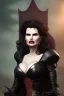 Placeholder: Geena Davis as evil queen in black leather, leather, busty, cleavage, angry, rage, stern look. character design by cory loftis, fenghua zhong, ryohei hase, ismail inceoglu and ruan jia. unreal engine 5, artistic lighting, highly detailed, photorealistic, fantasy