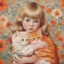 Placeholder: 1970s, blond Little girl in red, long hair parted in the middle, hugging an orange cat called Marlon, in the style of Margaret Keane, flowered wallpaper,