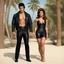 Placeholder: An extremely muscular young man who resembles Elvis Presley with pixie-cut black hair, wearing a black leather jacket and pants, standing next to a beautiful woman with auburn hair who resembles Raquel Welch, wearing a black two-piece bathing suit with a perfect shaped, stacked body, and a perfect face, 4k, 8k, 32k UHD, Hyper realistic, extremely colorful, vibrant, photorealistic, realistic, sharp, highly detailed, professional quality, beautiful, awesome, majestic,