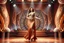 Placeholder: modern stage with brown cream theme artistic decoration , color full dynamic lighting, a beautiful lady in maxi dress with shining silver jewels ,curvy long hair,dancing, 3D recursive fractal structure animating background