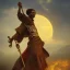 Placeholder: dungeons and dragons, monk, black, african, portrait, face, close up, cloak, clothes, cape, brown fabric, sunset, red sun, single person