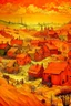 Placeholder: A orange colored village with a mechanical factory painted by Vincent van Gogh