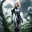 Placeholder: Photo of a slim sci-fi woman with blond hair, wearing a silver and black futuristic android-looking spacesuit, standing on an alien cloud tree jungle planet