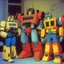 Placeholder: Optimus prime, bumblebee and ratchet at the radio station show, 1990 sitcom style tv show.