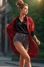 Placeholder: full body ,young woman with clear eyes, messy bun hair, bouncing looking back, soft velvet red/black two piece printed outfit, morning sun, cute, full body, ultra realistic, a variety of small details in the background, hyper realistic, surprised, sweet smile, 8k, HDR, 500px, by Koos Roos