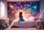 Placeholder: Seated in her bedroom, the adorable girl gazes at the shining stars on her galaxy wall, lost in her imagination as she dreams of creating a mesmerizing painting filled with vivid colors, portraying a whimsical fantasy world.