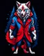 Placeholder: anthropomorphic wolf full body art illustration black background red, blue and white color