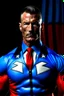 Placeholder: extremely muscular, short, curly, buzz-cut, military-style haircut, pitch black hair, Paul Stanley/Elvis Presley/Pierce Brosnan/Jon Bernthal/Sean Bean/Dolph Lundgren/Keanu Reeves/Patrick Swayze/ hybrid, as the extremely muscular Superhero "SUPERSONIC" in an original patriotic red, white and blue, "Supersonic" suit with an America Flag Cape,