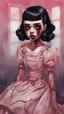 Placeholder: full color, illustration of a darkred and pink tones, menacing, Singer Melanie Martinez face, as a decayed, broken, skin turned translucent, black veins that extended like roots beneath her skin, latex suit, crude homemade cloth doll toy, with a narrow cracked porcelain face, thick dark eyebrows, hair in two gradually, made from ragged strips of cloth, in the style of Alex Pardee, Tim Burton, and Nadya Sheremet