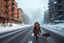 Placeholder: long shot panoramic of desolate post-apocalyptic street in an empty destroyed crumbling smoking city, post-apocalyptic winter dystopia, large husky dog walking beside a little girl dressed in steampunk snow goggles down middle of street, head-wrapping, and heavy robes; winter, freezing, massive snow drifts, snow and ice particles, dramatic