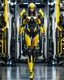 Placeholder: length image full body photo humanoid beautiful woman long hair with body mechanical bLack and yellow inspired design by bumble bee transformer robot sense of luxury technology future background