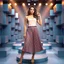 Placeholder: make a picture pretty stage made of metallic blue-gray teme 3d recursive cubic and sphere and cylinder base structures and a beautiful fashion model lady standing with cute in scene with sexy top and pretty pleated midi skirt ,makeup curvy long hair,dynamic camera zoom to full body and pan, dynamic lights.