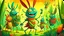 Placeholder: fantasy cartoon style illustration: the grasshopper has a radiant and vibrant carnival costume. He amazed all the others woodland animals!