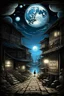 Placeholder: ROOM OF THE MOON BUILDER BUILDING THE MOON HIDDEN SHADOWY FIGURES LABIRINTHINE STREETS STYLE OF HIROKU OGAI