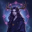 Placeholder: Eldarin circle of stars female Druid with purple hair with antlers and a starry robe light purple skin