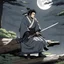 Placeholder: [scene by studio ghibli inspired by Miyamoto Musashi] the gangsta ronin sits solitary on a log, garbed in a humble grey kimono. The sole katana in his hand gleams in the small moon. his face is a testament to the impending clash that awaits at dawn, a duel that will test his mettle and honor.