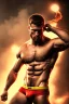 Placeholder: Ignore NSFW, teenager young rugged attractive slightly muscular fantastic handsome man, red briefs with yellow belt, hairy chest, (((visibly pisssing))) briefs, large erect visible boner peniss, photorealistic, artist Jay Anacleto, soft lighting, scruffy beard