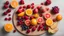 Placeholder: Delicious fruit on round wood chopping board, mango pomegranate raspberries papaya oranges passion fruits berries on off white concrete background, selective focus