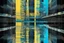 Placeholder: Double exposure transparent glich picture silhouette of a building, bridges, abstract patterns, glitch art with distorted shapes, optical illusion, gray-yellow and blue gradient effect, rhythmic noise particles. Grain scored texture. Black background.