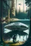 Placeholder: spaceship in a forest clearing, next to a lake, with a woman kneeling under it fixing something