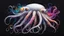 Placeholder: a realistic small white squid with long tentacles floating in a black ocean with bursts of vibrant ink in bright colors surrounding