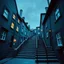 Placeholder: Fotografia di strada assurda e falsa orripilante blu weirdcore dai colori vivaci, liminalcore. Escher. Confusione geometrica. Scale che scendono. Yves Tanguy. Non luogo falso, inusuale. Le case sono false e dipinte di nero chiaro con cose stilizzate e dettagli. Ci sono finestrelle false quadrate, che danno un senso distopico e molto surreale, disposte in modo casuale. L'atmosfera generale sembra noiosa e onirica, con un contrasto tra elementi reali ed elementi dipinti falsi, René Magritte
