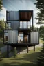 Placeholder: Medium-sized modern house made from shipping containers, on a hill overlooking the woods, photorealistic
