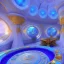 Placeholder: landscape of aztecan blue temple ambient beutiful villa white gold and neon lights bright and blue bright gloss effect of a futuristic house,like spaceship, natural round shapes concept, large transparent view of the open outdoor garden,sea beach,blue sky , gold crystals,with light blue, flowers of Lotus, beutiful pools, light of sun , palmiers,cerisiers en fleurs, wisteria, sun , stars, small waterfalls