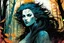 Placeholder: create a wildly conceptual print illustration of a feral wolven sorceress with highly detailed hair and feminine facial features, in an ethereal, otherworldly ,ancient autumn forest , in the comic book art style of Bill Sienkiewicz, Mike Mignola, Sparth, and Jean Giraud Moebius, finely drawn, colored, and inked, suffused with dramatic natural light and shadow of sunset