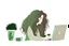 Placeholder: wavy-haired brunette at her desk doing some online shopping sipping coffee from an olive green mug, illustration