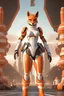 Placeholder: anthropomorphic fox lady with thick eyelashes and wide innocent eyes, and a tall build, orange and white sci-fi latex suit with pauldrons and armored boots, Pixar style, 3D, modern render, HD, has a face like Diane Foxington from the Bad Guys movie,