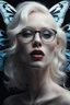 Placeholder: surreal,close up portrait an albino woman, the huge butterfly crawls out of from her mouth, dramatic lighting, photorealistic, 4k, highly detailed, sharp focus, acclaimed artwork, noir, dark, bizarretylized with glasses, bizarre,surreal,