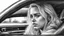 Placeholder: Black and white pencil sketch of a sad blonde driving a car, tears, photorealism, 3d, 64k, high resolution, hyperrealism, f/16, 1/300 s.