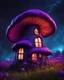 Placeholder: An asymmetrical mushroom house in the night sky. in space. Bright Bold Bright Colors, purples blues greens, Stark Dark background. Detailed Matte Painting, deep color, fantastical, intricate detail, splash screen, hyperdetailed, insane depth, Fantasy concept art, 8k resolution, trending on artstation, Unreal Engine 5, color depth, Deep Colors, backlit, splash art, dramatic, splash art Style. High Quality, Painterly, Whimsical, Fun, Imaginative, Bubbly, good detail, perfect composition,