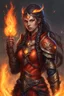 Placeholder: Capture the essence of a formidable female Paladin Druid, seemingly forged from fire, with eyes that gleam brightly, resembling flames themselves. Her long hair, half braided and cascading down, appears ablaze with the fiery magic she commands, flames dancing within its strands. Clad in light, magical armor, she wields the power of fire in her hands, while a significant scar on her face testifies to battles endured. Adorning her hair is a regal crown-like accessory, fashioned from the same myst