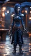 Placeholder: full figure with metallic stone gauntlets holding dark blue jagged dagger, standing on wet tiled floor outside fantasy tavern, focused female South Sudanese vampire gnome from worms armageddon wearing makeup, bokeh like f/0.8, tilt-shift lens 8k, high detail, smooth render, down-light, unreal engine, prize winning