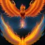 Placeholder: surreal illustration of a fiery phoenix, a flaming phoenix, realistic, surrealism, surreal phoenix with glowing fire wings, glowing soft and smooth wings, abstract surreal fantasy art, highly detailed, intricate patterns on wings, soft studio lighting, smooth dark blue background 64k