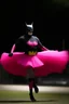 Placeholder: batman adult wearing a bright pink tutu, running away sabana.