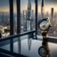 Placeholder: very close up of a very big luxury wrist watch with dark mirror glass stands on table in balcony skyscraper and reflects modern city environment image , to the camera ,centered.