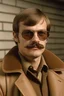 Placeholder: Jeffrey Dahmer in a brown coat with a mustache and sunglasses