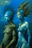 Placeholder: A beautiful two girls with a colorful peacock hair , full body’s , front view . decayed and rotting with grotesque proportions and imagery. grotesqueries, detailed texture, surreal horror, biomechanical design, by hr giger and beksinski , on blue color