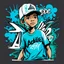 Placeholder: Vector t shirt art ready to print blue green light graffiti illustration of A boy Indonesia, hand drawing and a basecap with text "addie" On cap, white background.