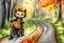 Placeholder: Cute little happy cat scarecrow riding a trike, forest path background, autumn, leaves swirling, waterfall, reflection, mist, sunrise, smooth intricate photorealistic hyperrealistic high definition beautiful lighting pencil sketch watercolor dramatic lighting storybook illustration polished Deep shadows deep color warm light