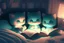 Placeholder: bioluminescent cute soft anime chibi kittens in a bedroom, reading a book by candlelight on the bed