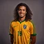 Placeholder: 85mm DSLR color photography of a very detailed headshot fitting all of head and hair in frame. 23-year-old Brazilian soccer player, with and with no facial hair and has a with a small smile, grey background has a soft look on his face has smooth long hair