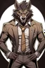 Placeholder: Buff, anthro, wolf, himbo, black fur, gold eyes, wearing a suit, full-body, muscles, strong, muscular, man boobs, bulky, tail, dark fur, smug grin, hands on hips,