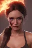 Placeholder: camilla luddington face, lara croft clothes, portrait busty and face, light effects, particles, explosion fire,