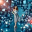 Placeholder: make a picture pretty stage made of metallic blue-gray teme 3d fractal recursive cubic and sphere base structures and a beautiful fashion model lady posing with cute,with silver cyan decholte top and pretty pleated midi skirt,siver high heels ,makeup curvy long hair,dynamic camera zoom to full body and pan, dynamic lights.